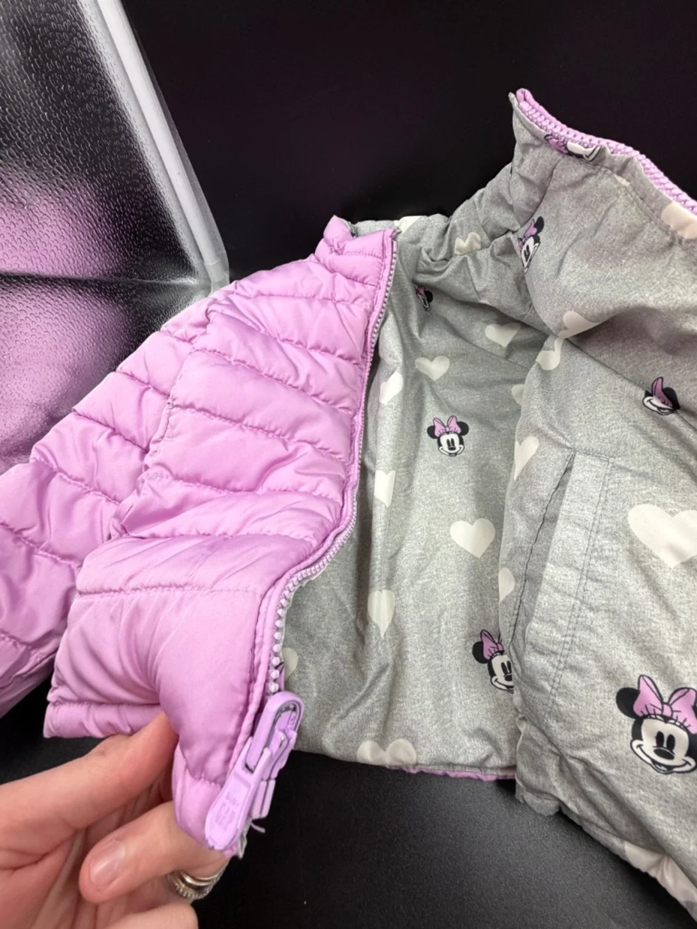 Gap Baby Girls 3T Disney Minnie Mouse Reversible Puffer Jacket Pink Gray Hearts